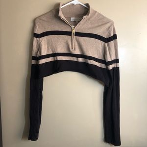 cropped tan and brown striped quarter zip sweater
